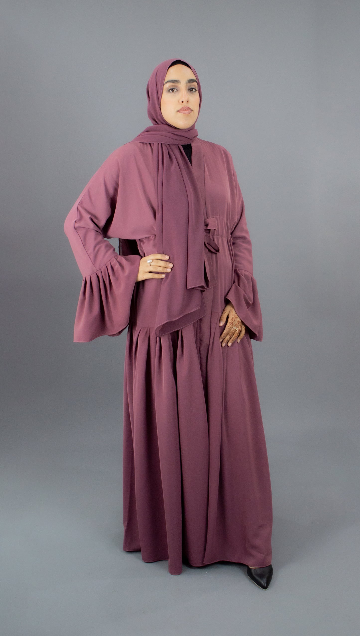 Fluted- Flared Abaya Mauve With Hijab