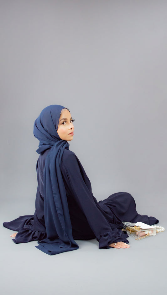 Fluted- Flared Abaya Navy With Hijab